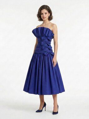 VINTAGE 80s Prom Glam Nili Martin Ruched Bow Strapless Purple Party Dress Sz XS